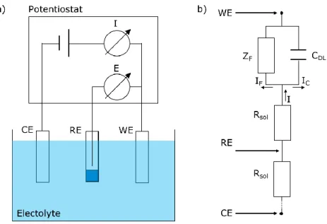 Figure 2.1: Schematic representation of an electrochemical cell. (a) Schematic layout of the three electrode  configuration  with  working  electrode  (WE),  counter  electrode  (CE)  and  reference  electrode  (RE)