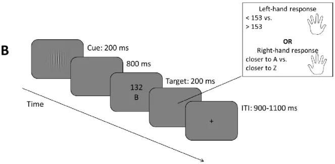 Figure 1. Course of a sample forced trial (A) and a voluntary trial (B). In both cases, the respective cue  is presented for 200 ms, followed by an 800 ms blank