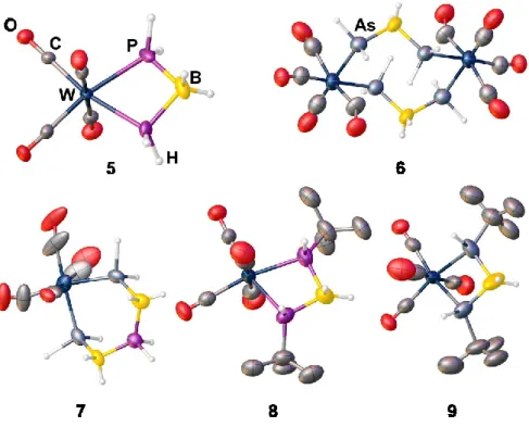 Figure 4.1. Molecular structures of the anions of 5-9 in the solid state. Hydrogen atoms bonded to carbon and  counter ions are omitted for clarity