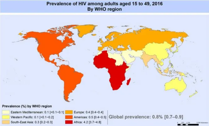 Figure 1 - Global prevalence of HIV in 2016. The illustration shows that an estimated 0.8% [0.7-0.9%] 