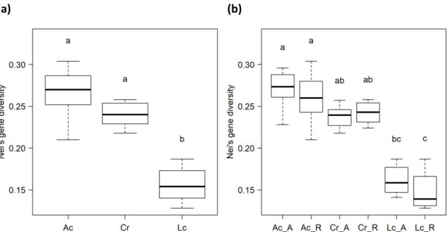 Figure 2.3:  Nei’s gene diversity (a) and Nei’s gene diversity per habitat age (b; A: ancient; R: recent)  of A