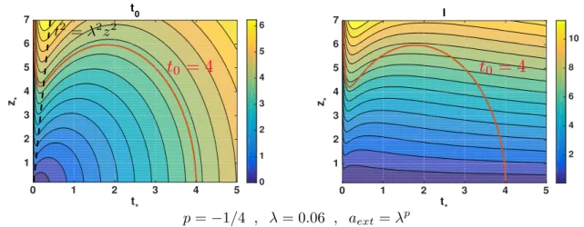 Figure 3: Colour plot of (a) t 0 (t ⇤ , z ⇤ ) and (b) l(t ⇤ , z ⇤ ) for p = 1/4, = 0.06, a ext = p 