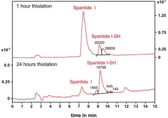 Figure 3: Comparison of gradient RP-HPLC of spantide I after 1 hour and 24 hours thiolation