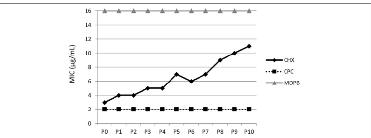 FIGURE 4 | Multiple passaging of bacteria under CHX-treatment in vitro. MICs of CHX, cetylpyridinium chloride (CPC) and methacryloyloxydodecylpyridinium bromide (MDPB) repeatedly performed from passages 0–10 (P0–P10) against E