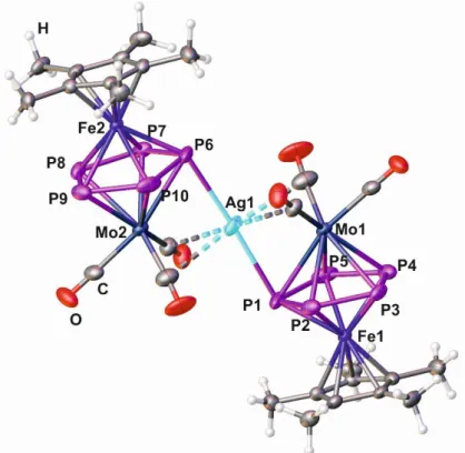 Figure 3. Molecular structure of the cation of 4 in the solid state. Selected bond lengths [Å ] and angles  [°]: Ag1–P1 2.7097(2), Ag1–P6 2.6809(2), P1–P2 2.173(3), P2–P3 2.139(3), P3–P4 2.159(3), P4–P5 2.147(3),  P5–P1 2.168(3), P6–P7 2.166(3), P7–P8 2.13