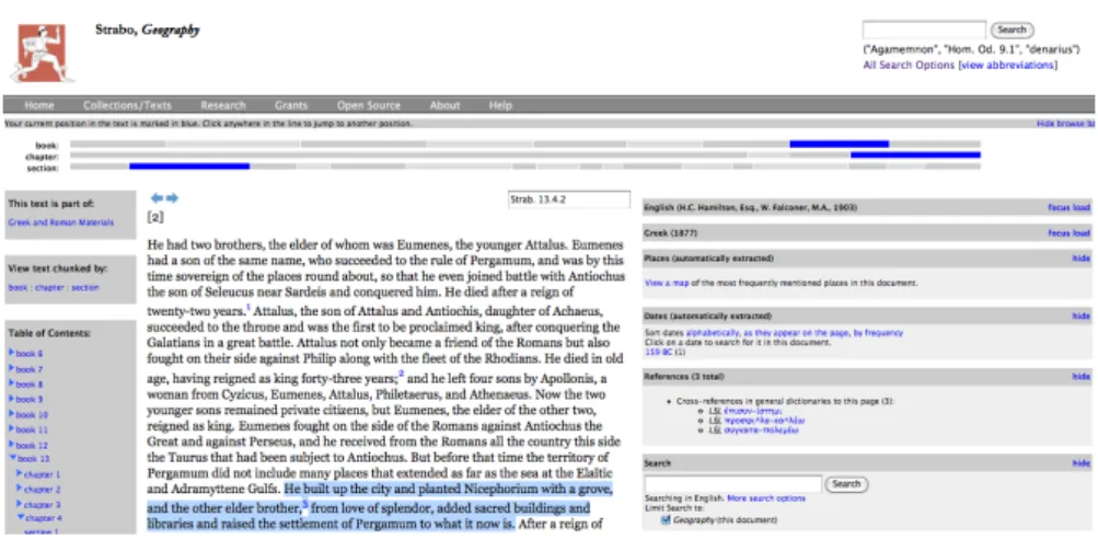 Figure 1: The Perseus reading environment displaying a text passage by Strabo that deals with the expansion of Pergamum (Screenshot taken from The Perseus Digital Library).