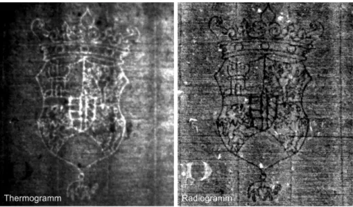 Abbildung 7. Infrarot-Bild (links) und Röntgenbild (rechts) eines Wasserzeichens aus dem Buch 8 in Abb