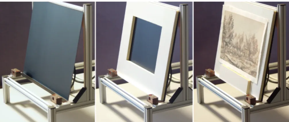 Abbildung 8. Eine schwarz lackierte Kupferplatte mit einer Temperatur von 40 °C dient als Infrarot-Strahler (links), ein Passe-Partout (Mitte) dient zur Einhaltung des passenden Abstands zwischen dem wertvollen Bild und der Heizplatte (rechts).