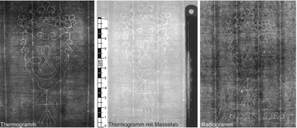 Abbildung 10. Wasserzeichen des Papiers in Abb. 2, aufgenommen mit Infrarot-Technik (links), mit einer Skalierung (Mitte) und mit Röntgentechnik der Firma Viscom (rechts) 9 .