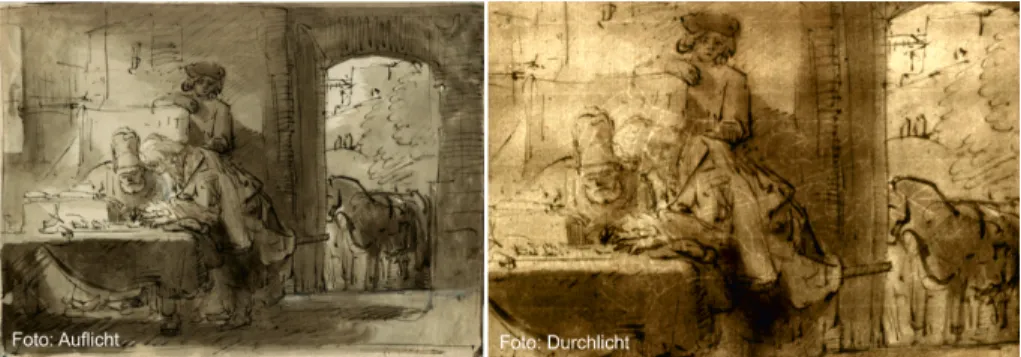 Abbildung 1. Foto von einer Rembrandt-Handzeichnung im Au�icht (links) und im Durchlicht (rechts) (Döhring 117, 183)