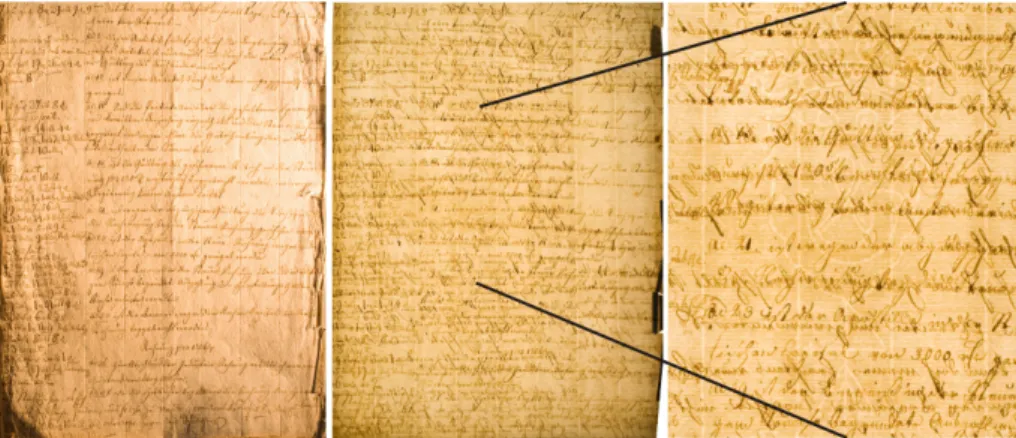 Abbildung 2. Foto eines unsignierten, beidseitig beschriebenen historischen Dokuments von 1811 5 in re�ektiertem Strei�icht (links) und im Durchlicht (Mitte)