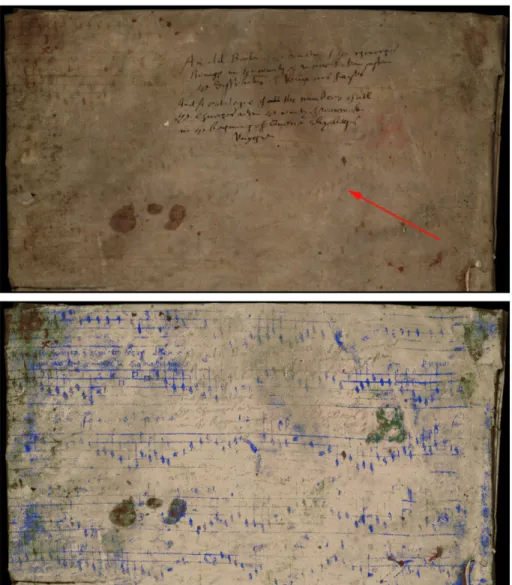 Figure 2. GB, Stratford-upon-Avon, Shakespeare Birthplace Trust, DR 37 Vol. 41, part of the back cover before and after restoration (suspect notes indicated by arrow).