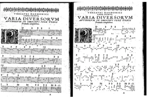 Figure 10. A page of printed lute tablature before and after sta�-line removal.