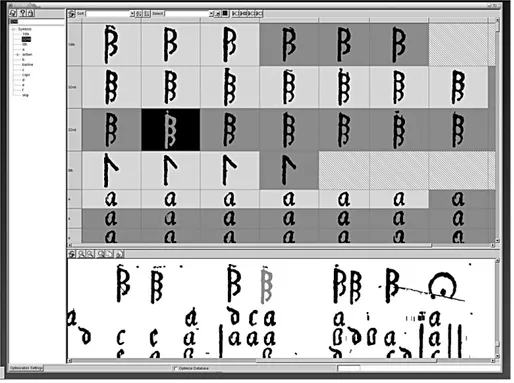 Figure 11. The Gamera classi�er window, showing the identi�cation of symbols on the pages shown in Fig.