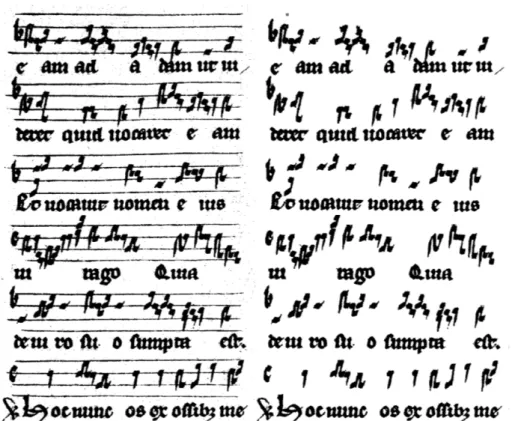 Figure 12. A page of handwritten neumes before and after sta�-line removal.