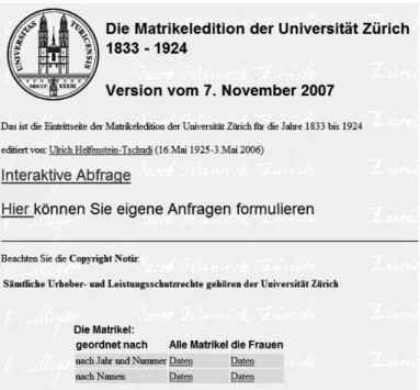 Abbildung 4. Startseite der Matrikeledition der Universität Zürich im Internet, 2007