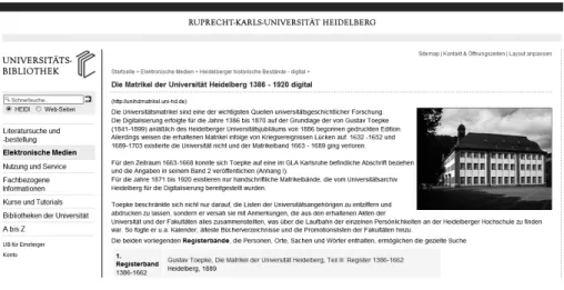 Abbildung 11. Startseite des Repertoriums der Heidelberger Universitätsmatrikel im Internet, undatiert