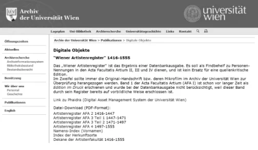 Abbildung 18. Startseite des Repertoriums der Wiener Artistenmatrikel im Internet, 2007