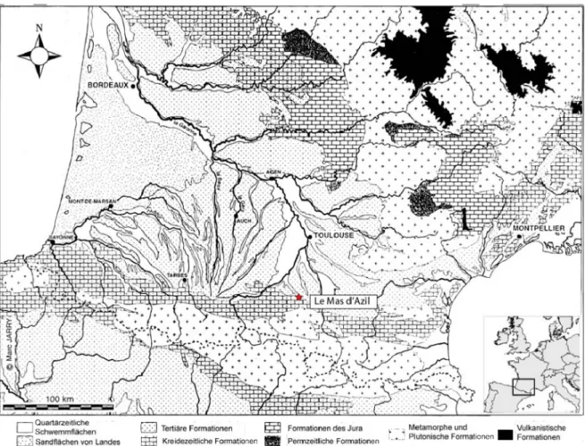 Abb. 1: Lage von Le Mas d'Azil auf der geologische Karte der Pyrenäen im südwestfranzösischen  Kontext (n