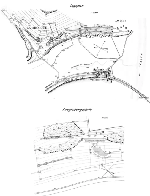 Abb. 2.3 Lageplan und Übersichtplan von La Micoque (H AUSER , 1916) 
