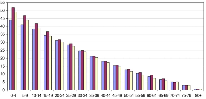 Abb. 19: Darstellung der Lebenserwartung in den verschiedenen Altersklassen auf der Basis  der von H OLLACK /K UNTER  erhobenen Rohdaten