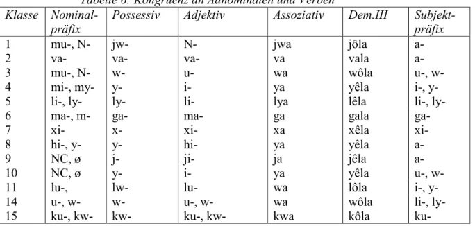 Tabelle 6: Kongruenz an Adnominalen und Verben  Klasse  
