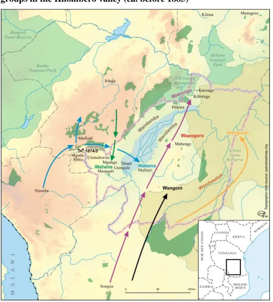 Figure 6:  Map showing migration and settlement patterns of different  groups in the Kilombero valley (ca