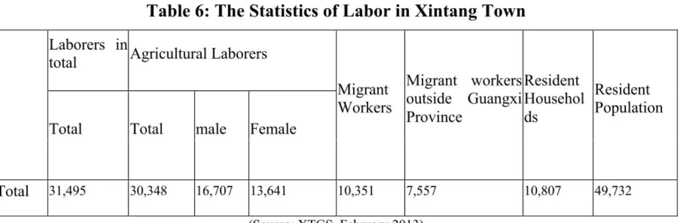 Table 6: The Statistics of Labor in Xintang Town 