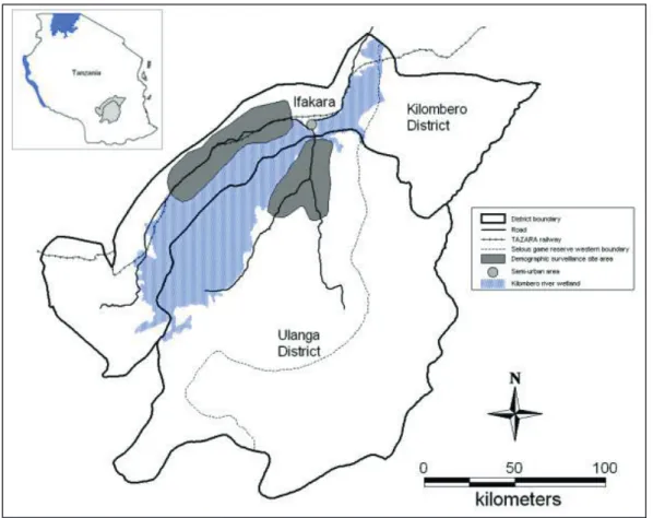 Abbildung 2: Karte der Bezirk Kilombero (mit Ifakara) und Ulanga (Alba et al 2010: 3)