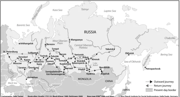 Abb. 5: Die Reiseroute durch Sibirien von Gerhard Friedrich Müller während der Zweiten Kamtschatka-Expedition (1733-1743).