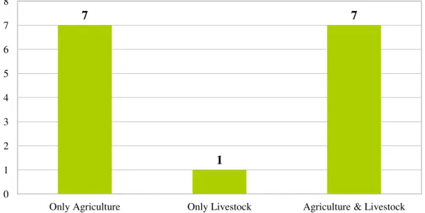 Figure 12 Distribution of livelihood activities (n=15) relevant for HWCs. Engagement in  agriculture, livestock and both livelihoods (N=15: consists of 9 community members and 5 