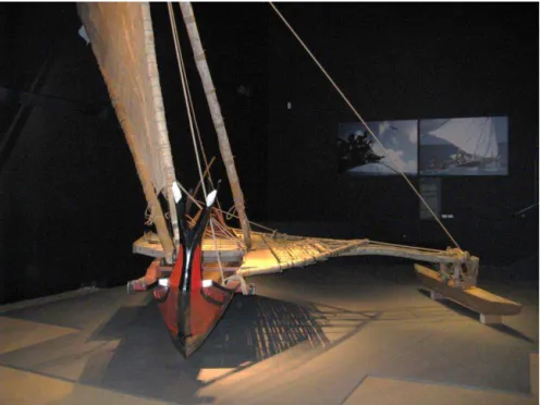 Figure 23: Section 2: The life-size outrigger canoe from Yap with photos and text panel at the  back (photograph by Kira Eghbal-Azar with kind permission from the Linden-Museum in 