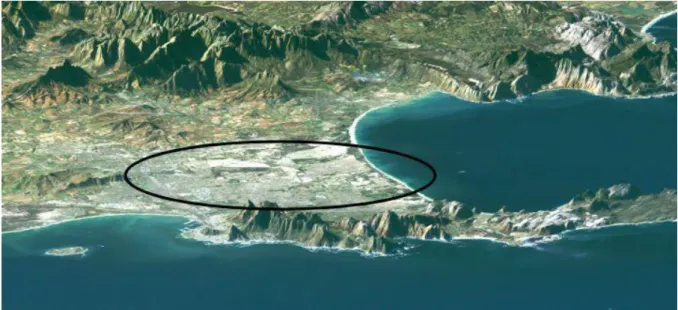 Figure 1: The Cape Flats: An approximate geographic  indication of the Peninsula’s low -lying  flatlands