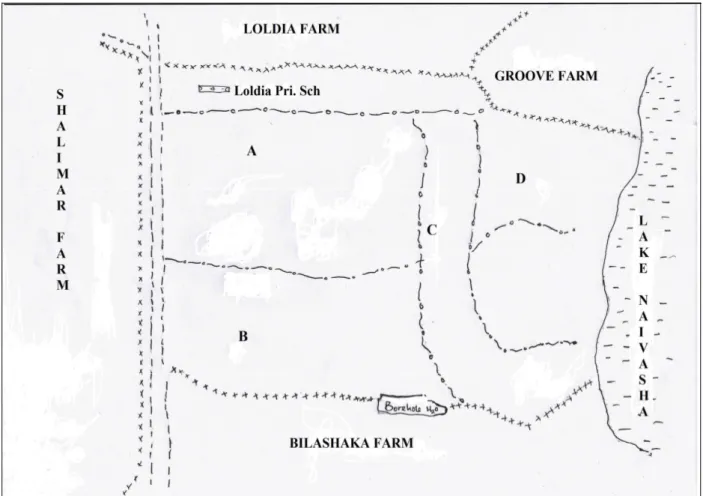 Figure 2: Schematic map of Kasarani showing the informal subdivisions 19  and the four main large- large-scale farms surrounding the village (field data 2010)