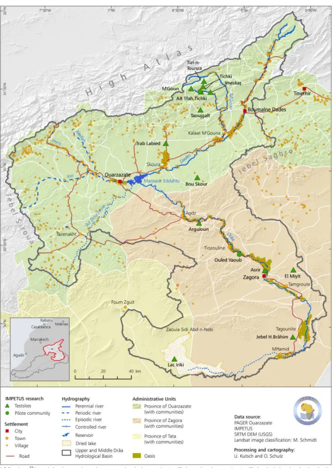 Abb. 1:  Übersichtskarte des oberen und mittleren Drâa-Tals. Als oberes Drâa-Tal wird das hydrologische  Einzugsgebiet des Stausees Mansour ad-Dahabi bei Ouarzazate bezeichnet, obwohl keiner seiner  Zuflüsse Drâa heißt