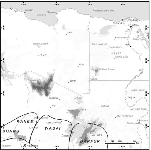 Abbildung 1: Ungefähre geographische Lage der Königreiche Kanem-Bornu, Wadai und Darfur (Karte: 