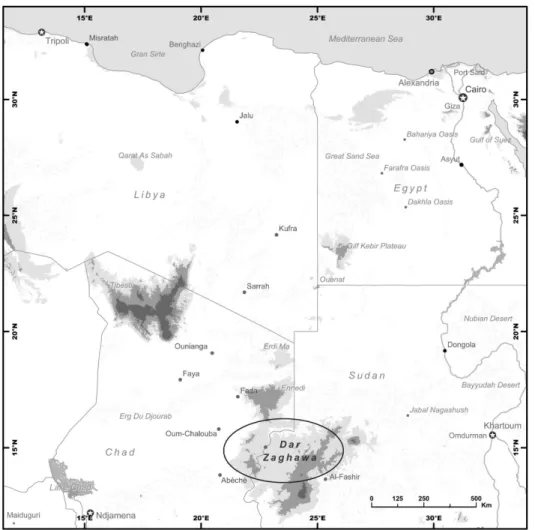 Abbildung 3: Das Dar Zaghawa im Grenzgebiet zwischen Tschad und Sudan (Karte: F. Darius) 