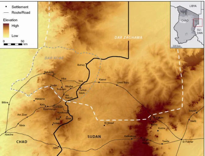 Abbildung 4: Die Grenzen des Dar Zaghawa sowie des Dar Kobe, das sich auf beiden Seiten der Grenze,  im Tschad wie im Sudan, befindet (Karte: A