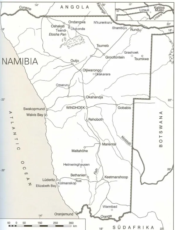 Abbildung 1: Karte nach: Förster, L. Henrichsen, D. , Bollig, M. 2004. Namibia-Deutschland