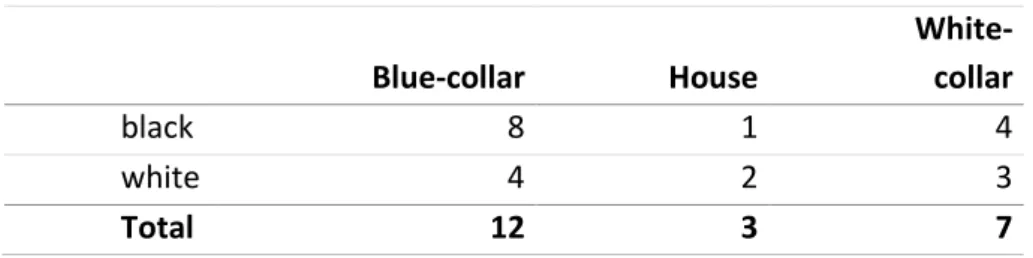 Table 6-4 Occupation of participants  Blue-collar  House   White-collar  black  8  1  4  white  4  2  3  Total  12  3  7 