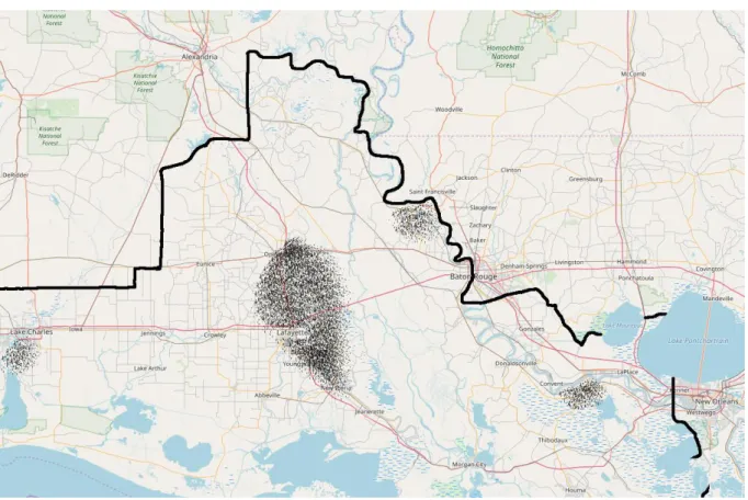 Figure 4-1 Southern Louisiana - the French triangle and LC speaking areas 