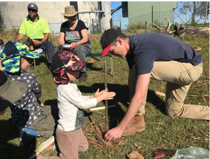 Figure 2: Oliver teaching the younger participants about fire, the cultural way, during the burning day at the  Dorrobbee Grass Reserve