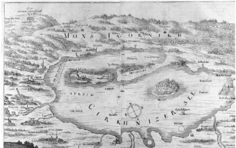 Abbildung 3: Der Zirknitzer See in einer Darstellung Valvasors. Man beachte die Hexenzusammenkunft  oben links im Bild (EHC, I/4, S