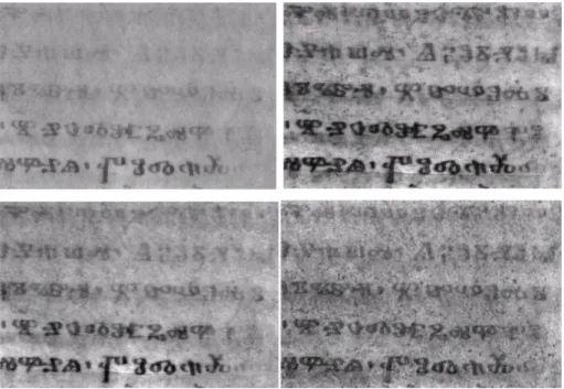 Figure 2. Missale Sinaiticum: top left: white light image. Top right: LDA, bottom left: PCA, bottom right: