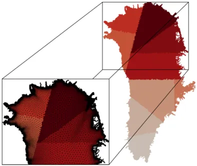 Fig. 4. Non-uniform triangulation of the top surface mesh for the Greenland ice sheet with a horizontal resolution of 3 km to 30 km decomposed into nine subdomains