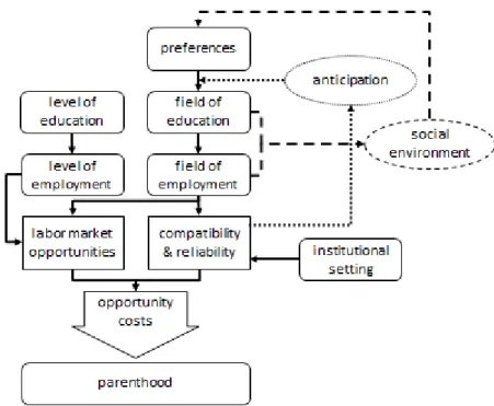 Figure  1:  Theoretical  model  of  the  relationship  between  educational  attainment  (level  and field of education) and parenthood 