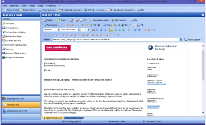 Abbildung   3:   Screenshot   SuperMailer   -­‐   Anschreiben   der   Absolventen   per   individualisierter   Serien-­‐E-­‐Mail   