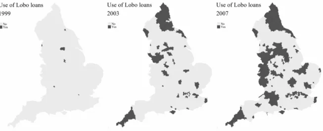 Figure 4.3: The geographical di↵usion of Lobo loans across English municipalities (1999- (1999-2011)