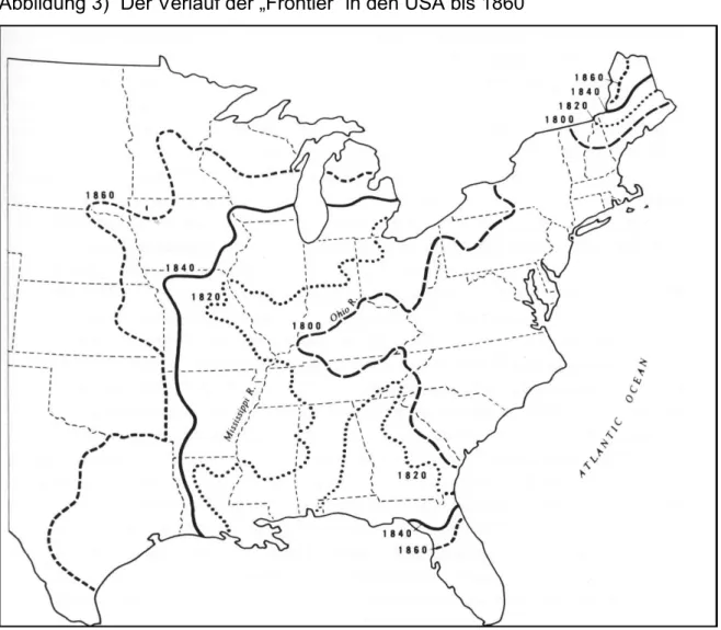 Abbildung 3)  Der Verlauf der „Frontier“ in den USA bis 1860