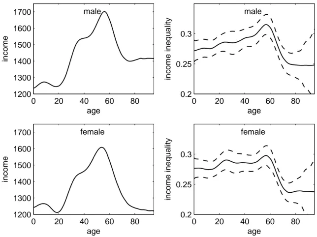 Figure 2.2: Age-specific income and Gini indices (2005 sample)